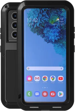 LOVE MEI Military Rugged Case for Samsung Galaxy S21 Ultra, Without Tempered Glass Screen Protector, Shockproof Dustproof Scratch Proof Hybrid Metal and Silicone Gel Heavy Duty Full Body Cover Black