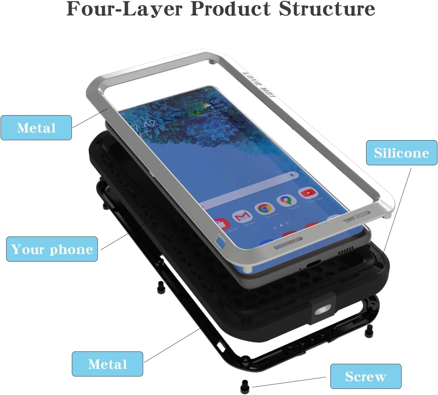 LOVE MEI Military Rugged Case for Samsung Galaxy S21 Ultra, Without Tempered Glass Screen Protector, Shockproof Dustproof Scratch Proof Hybrid Metal and Silicone Gel Heavy Duty Full Body Cover Silver