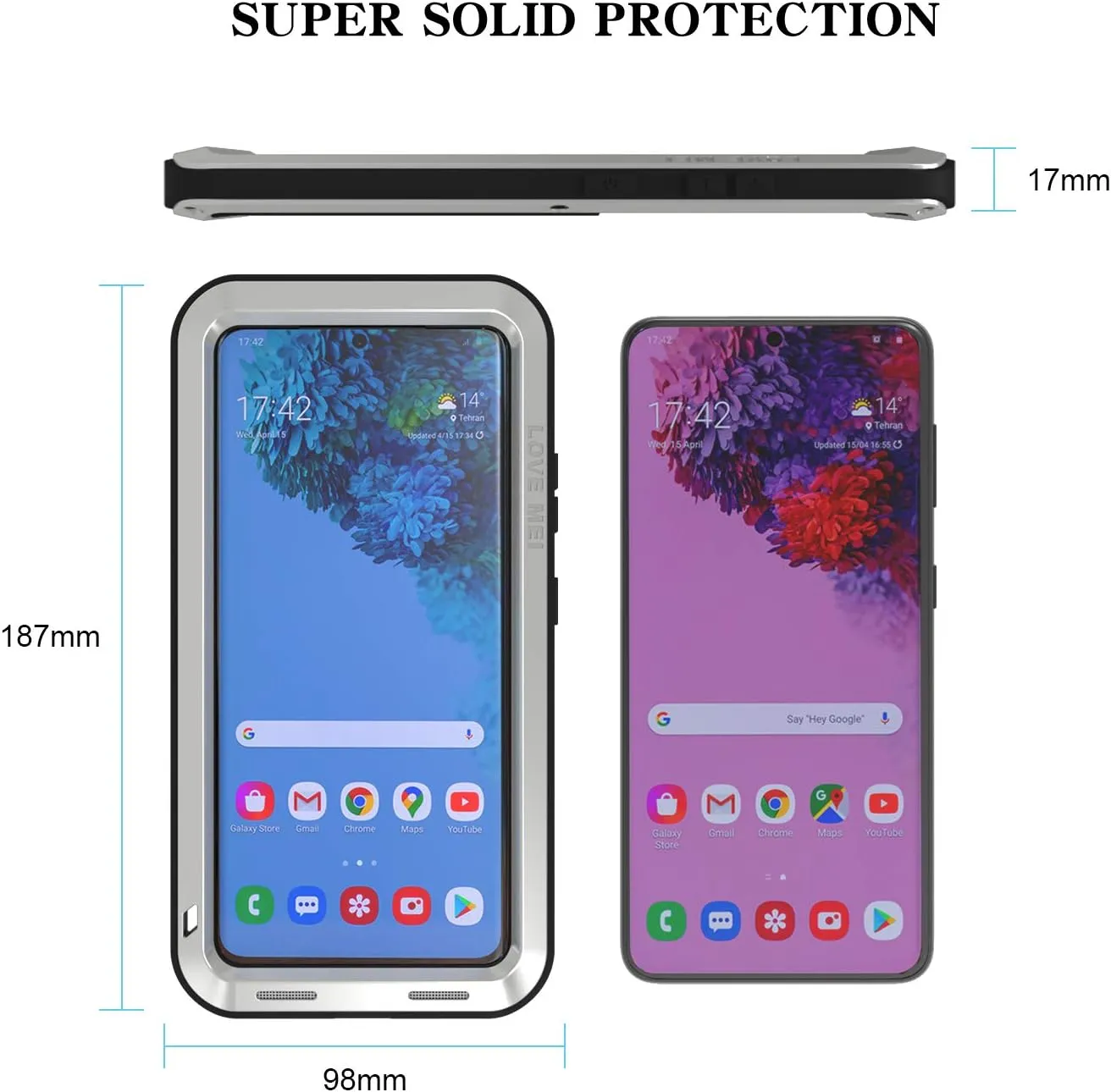 LOVE MEI Military Rugged Case for Samsung Galaxy S21 Ultra, Without Tempered Glass Screen Protector, Shockproof Dustproof Scratch Proof Hybrid Metal and Silicone Gel Heavy Duty Full Body Cover Silver