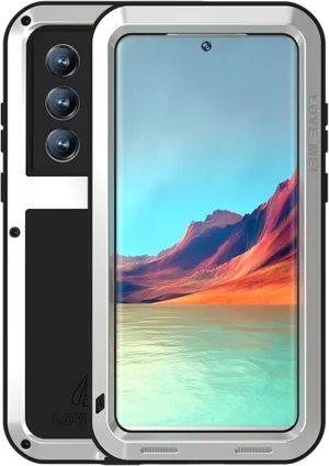 LOVE MEI Military Rugged Case for Samsung Galaxy S22 Ultra, Without Tempered Glass Screen Protector, Shockproof Dustproof Scratch Proof Hybrid Metal and Silicone Gel Heavy Duty Full Body Cover Silver