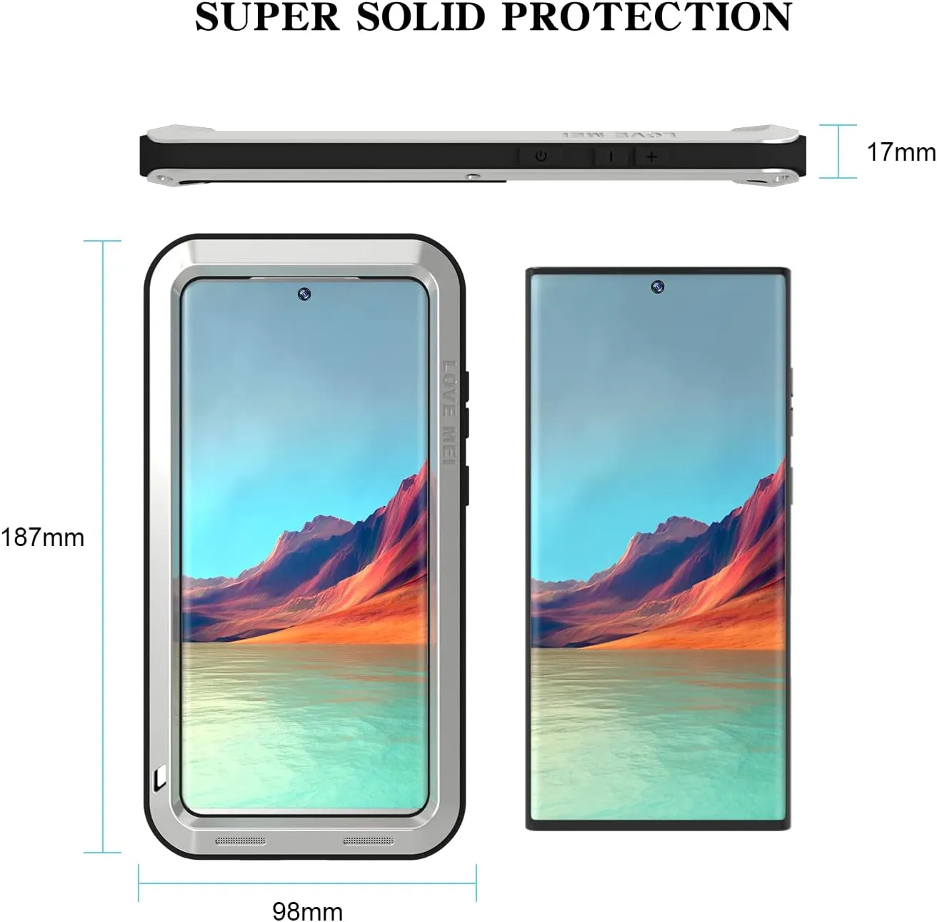 LOVE MEI Military Rugged Case for Samsung Galaxy S22 Ultra, Without Tempered Glass Screen Protector, Shockproof Dustproof Scratch Proof Hybrid Metal and Silicone Gel Heavy Duty Full Body Cover Silver