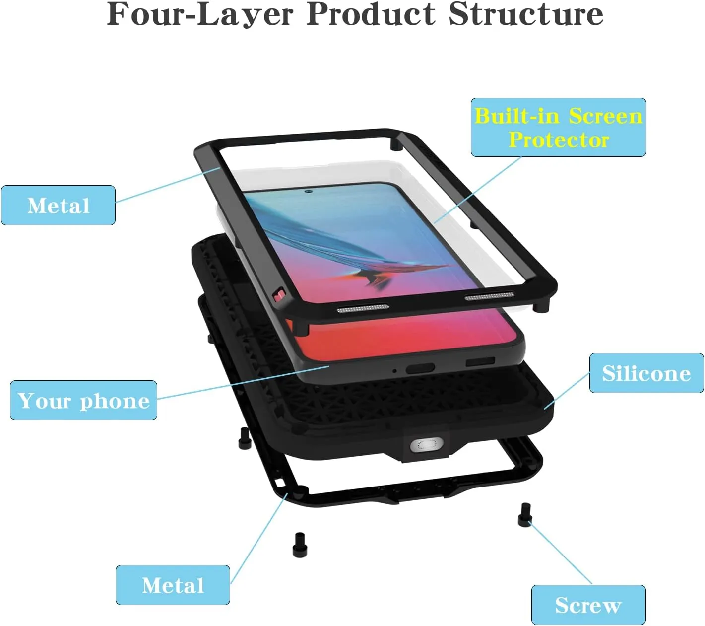 LOVE MEI Military Rugged Case for Samsung Galaxy S22, with Tempered Glass Screen Protector, Shockproof Dustproof Scratch Proof Hybrid Metal and Silicone Gel Heavy Duty Full Body Cover Black