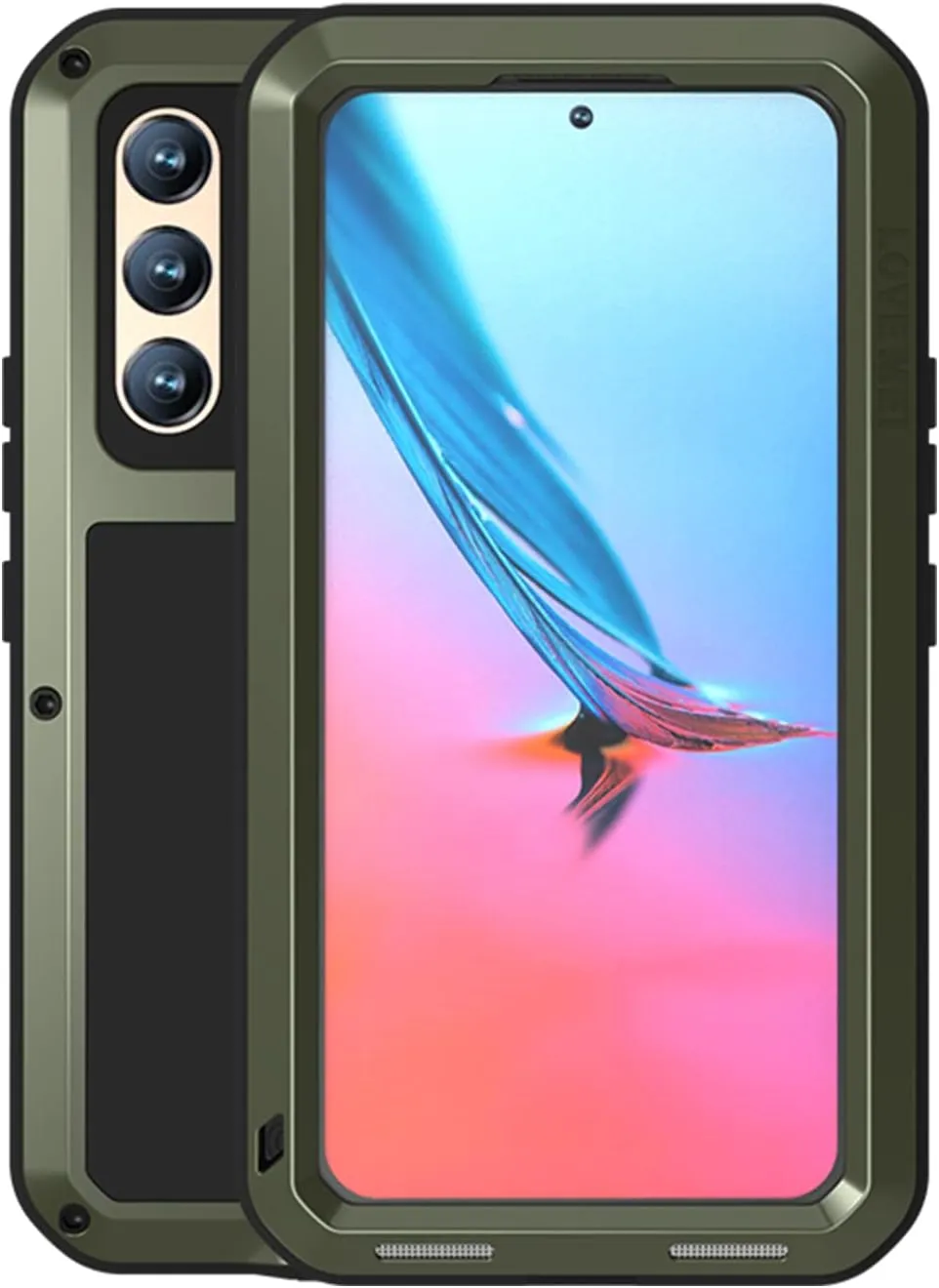 LOVE MEI Military Rugged Case for Samsung Galaxy S22, with Tempered Glass Screen Protector, Shockproof Dustproof Scratch Proof Hybrid Metal and Silicone Gel Heavy Duty Full Body Cover Green