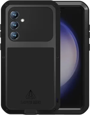LOVE MEI Military Rugged Case for Samsung Galaxy S23 Fe, with Tempered Glass Screen Protector, Shockproof Dustproof Scratch Proof Hybrid Metal and Silicone Gel Heavy Duty Full Body Cover Black