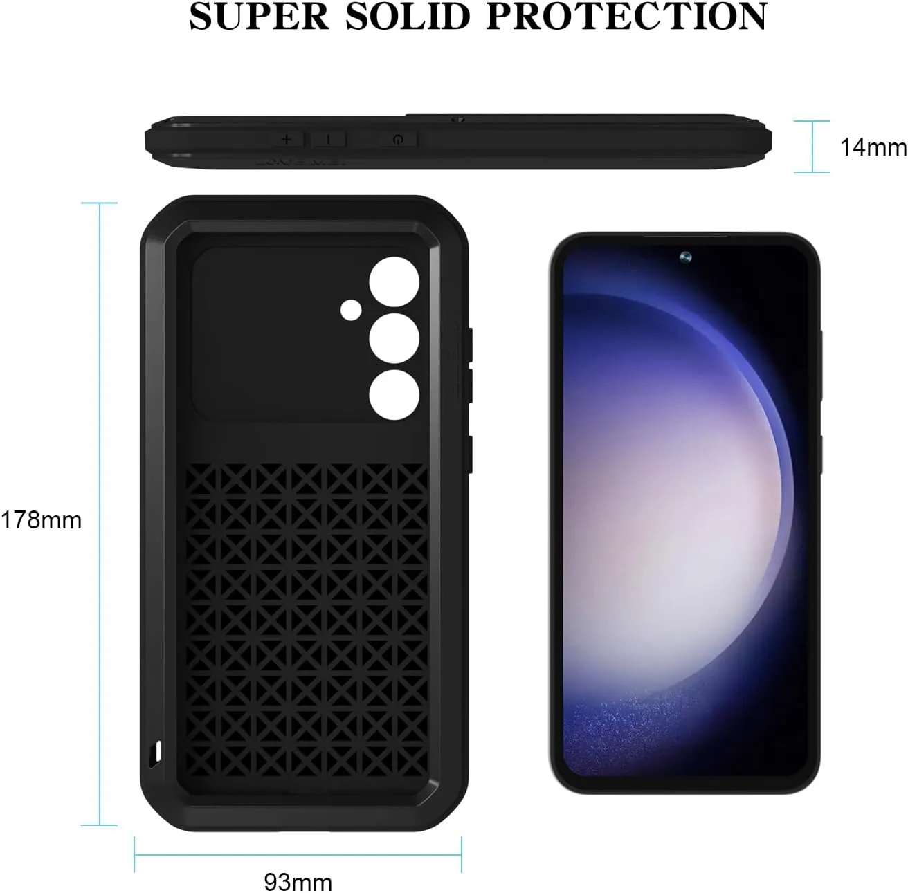 LOVE MEI Military Rugged Case for Samsung Galaxy S23 Fe, with Tempered Glass Screen Protector, Shockproof Dustproof Scratch Proof Hybrid Metal and Silicone Gel Heavy Duty Full Body Cover Black