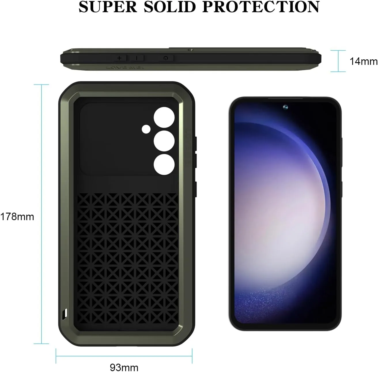 LOVE MEI Military Rugged Case for Samsung Galaxy S23 Fe, with Tempered Glass Screen Protector, Shockproof Dustproof Scratch Proof Hybrid Metal and Silicone Gel Heavy Duty Full Body Cover Green