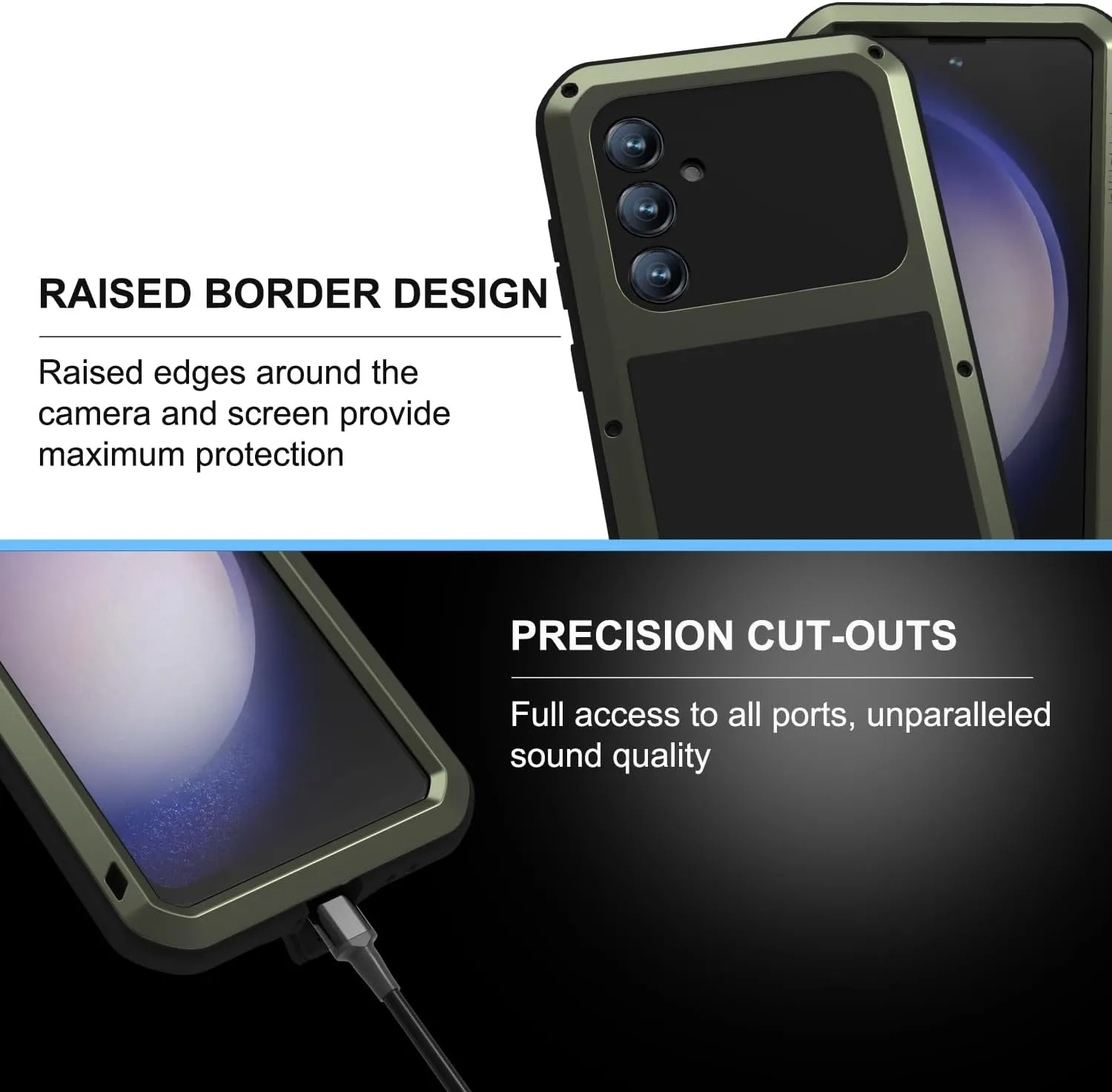 LOVE MEI Military Rugged Case for Samsung Galaxy S23 Fe, with Tempered Glass Screen Protector, Shockproof Dustproof Scratch Proof Hybrid Metal and Silicone Gel Heavy Duty Full Body Cover Green