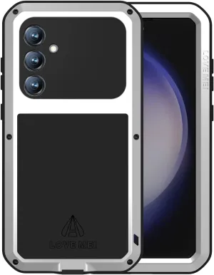 LOVE MEI Military Rugged Case for Samsung Galaxy S23 Fe, with Tempered Glass Screen Protector, Shockproof Dustproof Scratch Proof Hybrid Metal and Silicone Gel Heavy Duty Full Body Cover Silver