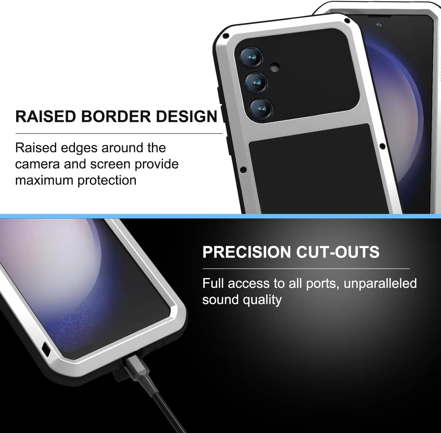 LOVE MEI Military Rugged Case for Samsung Galaxy S23 Fe, with Tempered Glass Screen Protector, Shockproof Dustproof Scratch Proof Hybrid Metal and Silicone Gel Heavy Duty Full Body Cover Silver