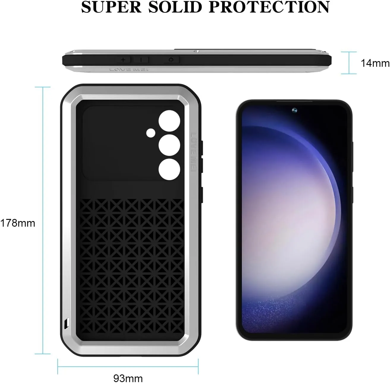 LOVE MEI Military Rugged Case for Samsung Galaxy S23 Fe, with Tempered Glass Screen Protector, Shockproof Dustproof Scratch Proof Hybrid Metal and Silicone Gel Heavy Duty Full Body Cover Silver