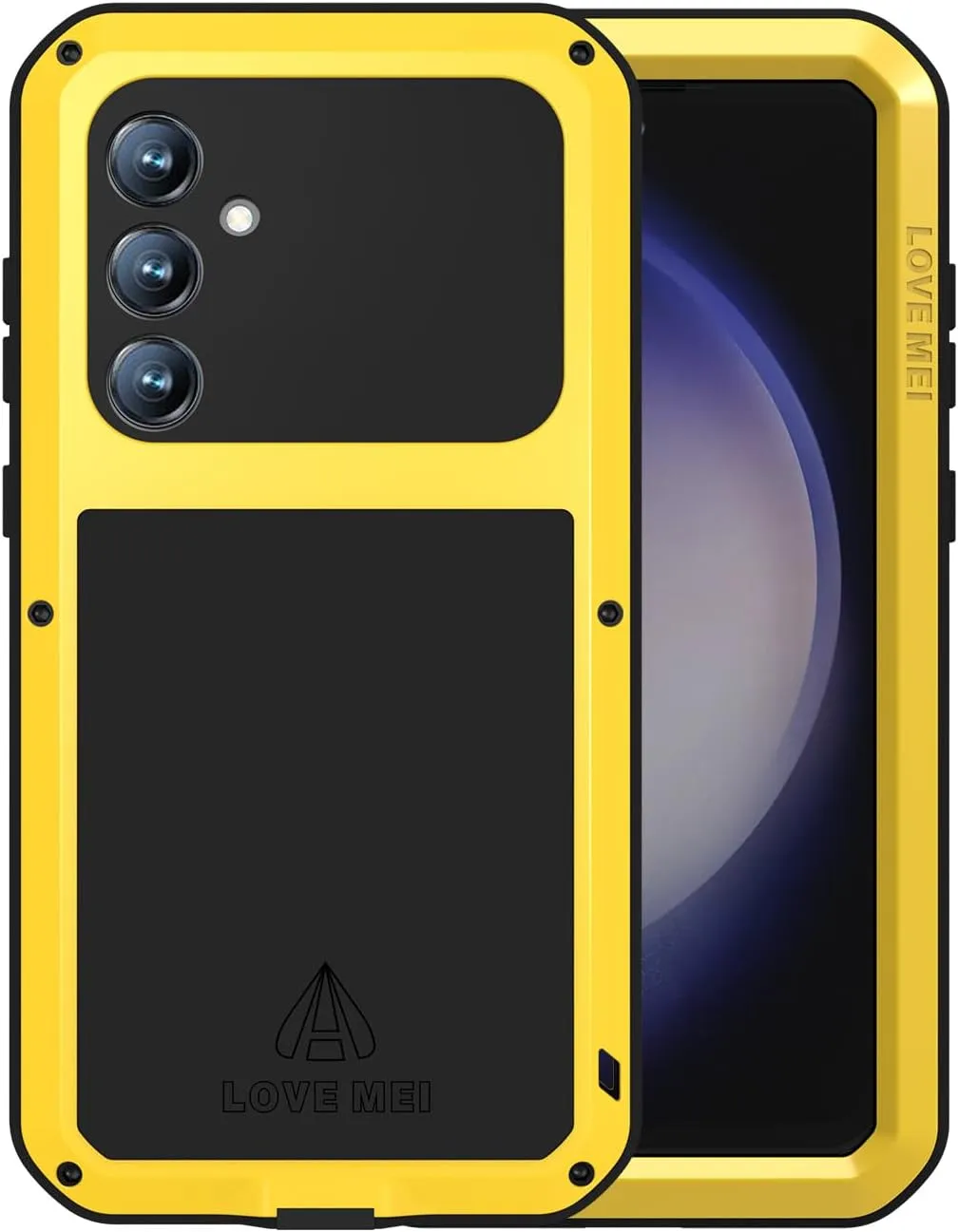 LOVE MEI Military Rugged Case for Samsung Galaxy S23 Fe, with Tempered Glass Screen Protector, Shockproof Dustproof Scratch Proof Hybrid Metal and Silicone Gel Heavy Duty Full Body Cover Yellow