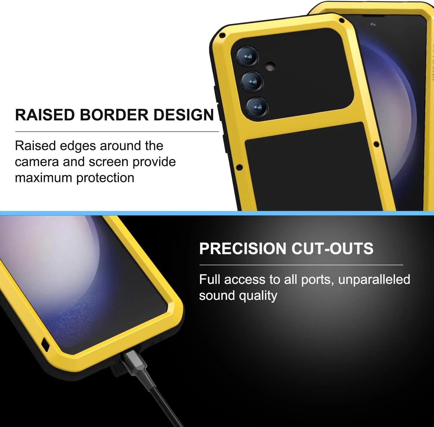 LOVE MEI Military Rugged Case for Samsung Galaxy S23 Fe, with Tempered Glass Screen Protector, Shockproof Dustproof Scratch Proof Hybrid Metal and Silicone Gel Heavy Duty Full Body Cover Yellow