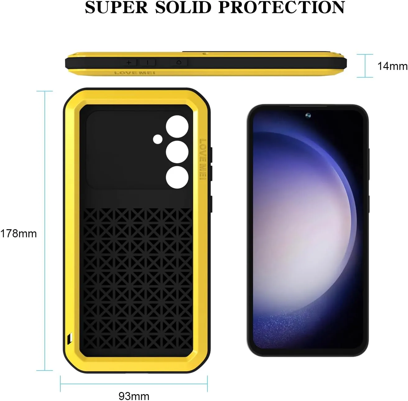 LOVE MEI Military Rugged Case for Samsung Galaxy S23 Fe, with Tempered Glass Screen Protector, Shockproof Dustproof Scratch Proof Hybrid Metal and Silicone Gel Heavy Duty Full Body Cover Yellow