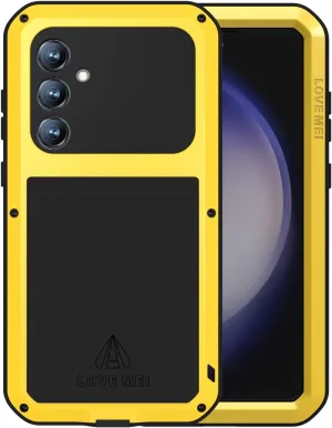 LOVE MEI Military Rugged Case for Samsung Galaxy S23 Fe, with Tempered Glass Screen Protector, Shockproof Dustproof Scratch Proof Hybrid Metal and Silicone Gel Heavy Duty Full Body Cover Yellow