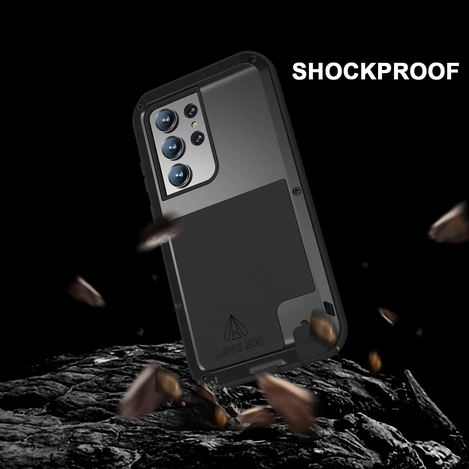 LOVE MEI Military Rugged Case for Samsung Galaxy S23 Ultra, Without Tempered Glass Screen Protector, Shockproof Dustproof Scratch Proof Hybrid Metal and Silicone Gel Heavy Duty Full Body Cover Black