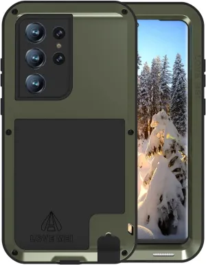 LOVE MEI Military Rugged Case for Samsung Galaxy S23 Ultra, Without Tempered Glass Screen Protector, Shockproof Dustproof Scratch Proof Hybrid Metal and Silicone Gel Heavy Duty Full Body Cover Green