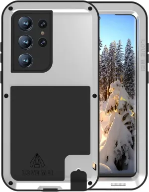LOVE MEI Military Rugged Case for Samsung Galaxy S23 Ultra, Without Tempered Glass Screen Protector, Shockproof Dustproof Scratch Proof Hybrid Metal and Silicone Gel Heavy Duty Full Body Cover Silver