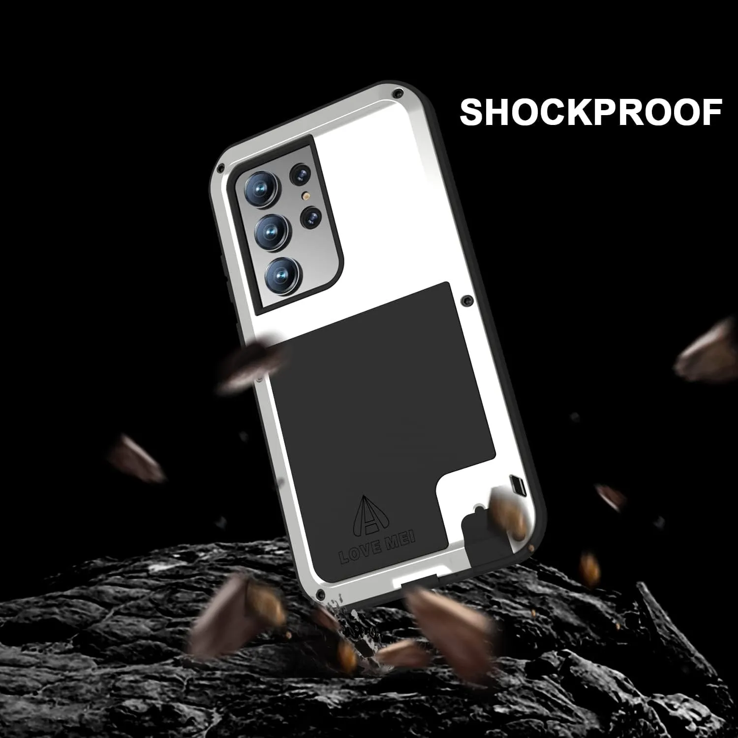 LOVE MEI Military Rugged Case for Samsung Galaxy S23 Ultra, Without Tempered Glass Screen Protector, Shockproof Dustproof Scratch Proof Hybrid Metal and Silicone Gel Heavy Duty Full Body Cover Silver