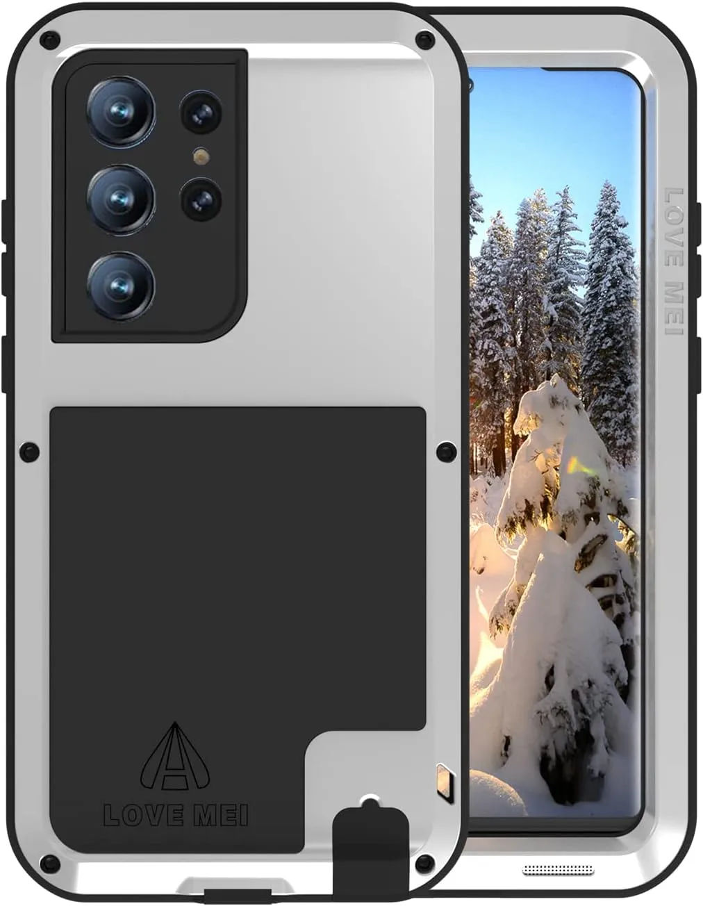 LOVE MEI Military Rugged Case for Samsung Galaxy S23 Ultra, Without Tempered Glass Screen Protector, Shockproof Dustproof Scratch Proof Hybrid Metal and Silicone Gel Heavy Duty Full Body Cover Silver