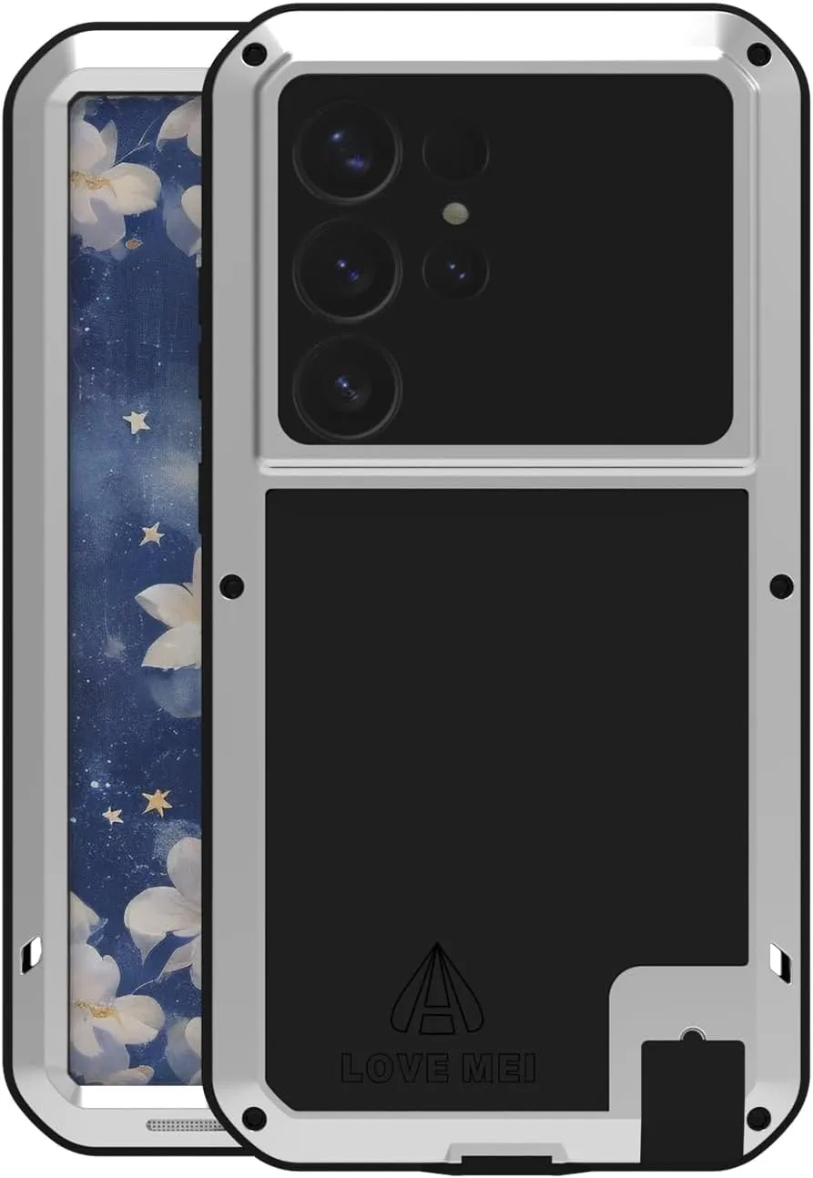 LOVE MEI Military Rugged Case for Samsung Galaxy S25 Ultra, with Tempered Glass Screen Protector, Shockproof Dustproof Scratch Proof Hybrid Metal and Silicone Gel Heavy Duty Full Body Cover Silver