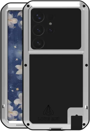 LOVE MEI Military Rugged Case for Samsung Galaxy S25 Ultra, with Tempered Glass Screen Protector, Shockproof Dustproof Scratch Proof Hybrid Metal and Silicone Gel Heavy Duty Full Body Cover Silver