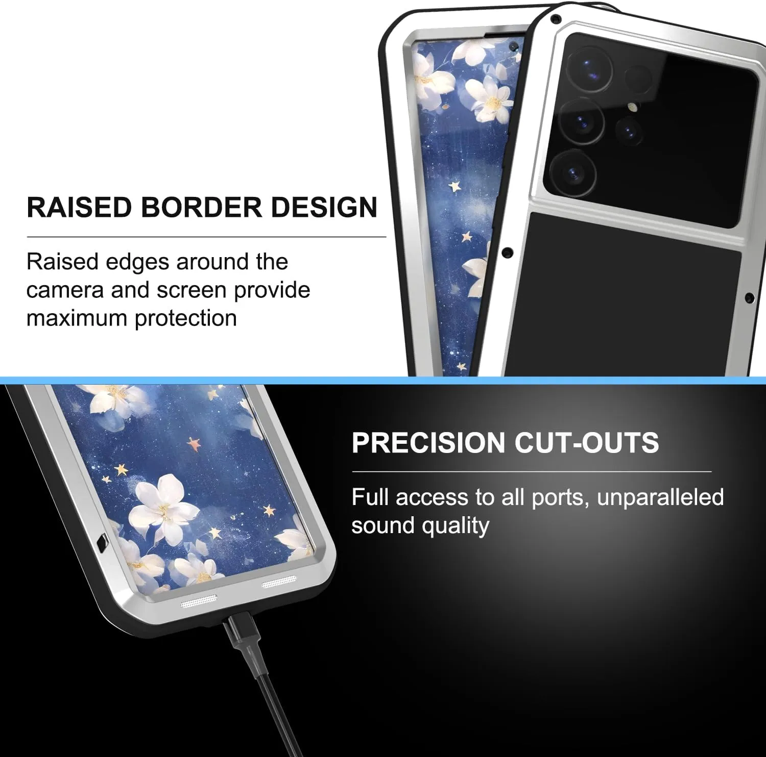 LOVE MEI Military Rugged Case for Samsung Galaxy S25 Ultra, with Tempered Glass Screen Protector, Shockproof Dustproof Scratch Proof Hybrid Metal and Silicone Gel Heavy Duty Full Body Cover Silver