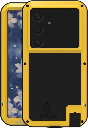 LOVE MEI Military Rugged Case for Samsung Galaxy S25 Ultra, with Tempered Glass Screen Protector, Shockproof Dustproof Scratch Proof Hybrid Metal and Silicone Gel Heavy Duty Full Body Cover Yellow