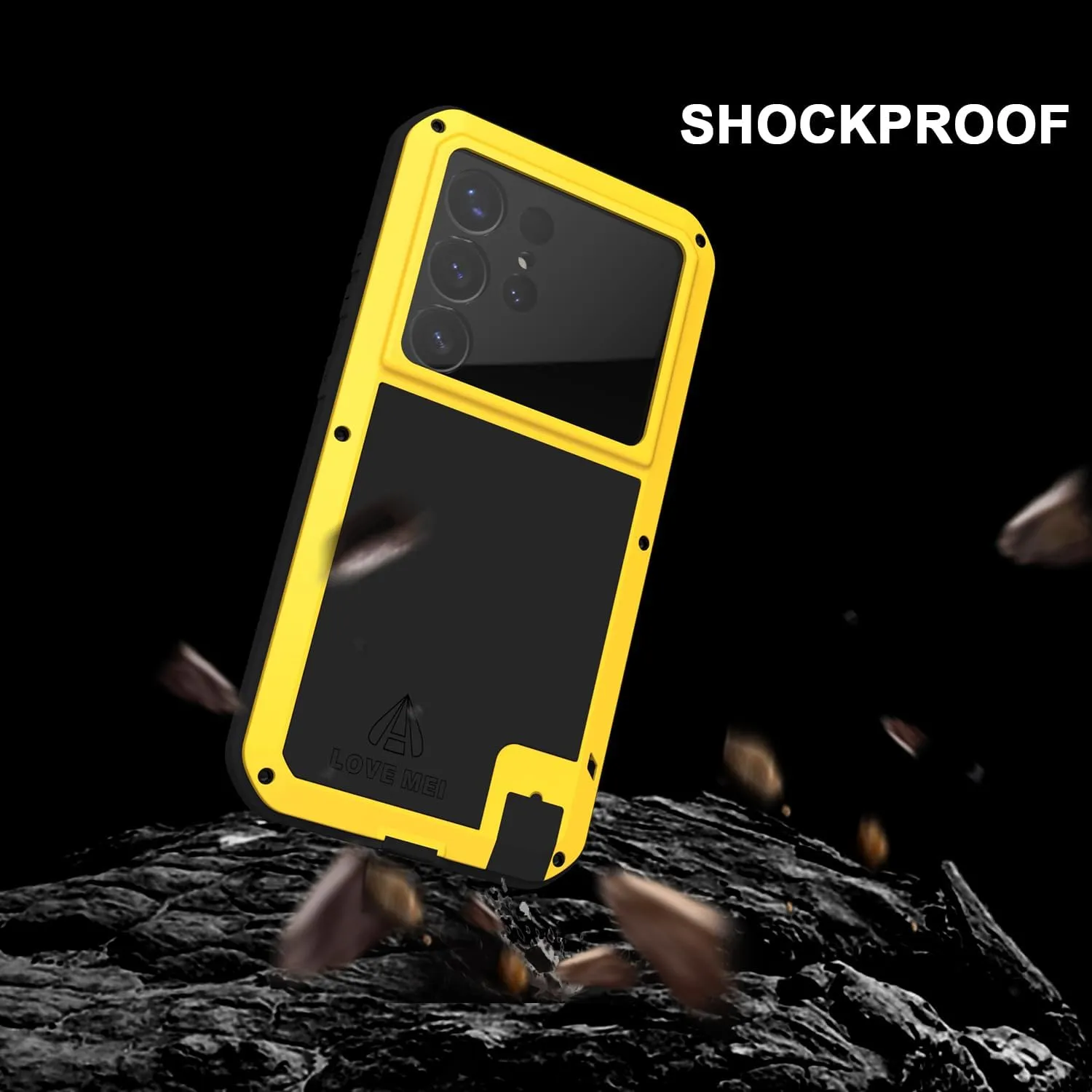 LOVE MEI Military Rugged Case for Samsung Galaxy S25 Ultra, with Tempered Glass Screen Protector, Shockproof Dustproof Scratch Proof Hybrid Metal and Silicone Gel Heavy Duty Full Body Cover Yellow