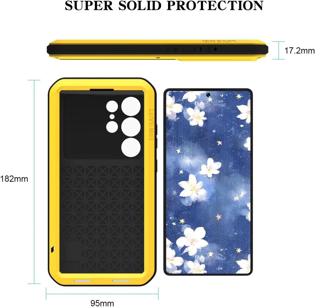 LOVE MEI Military Rugged Case for Samsung Galaxy S25 Ultra, with Tempered Glass Screen Protector, Shockproof Dustproof Scratch Proof Hybrid Metal and Silicone Gel Heavy Duty Full Body Cover Yellow