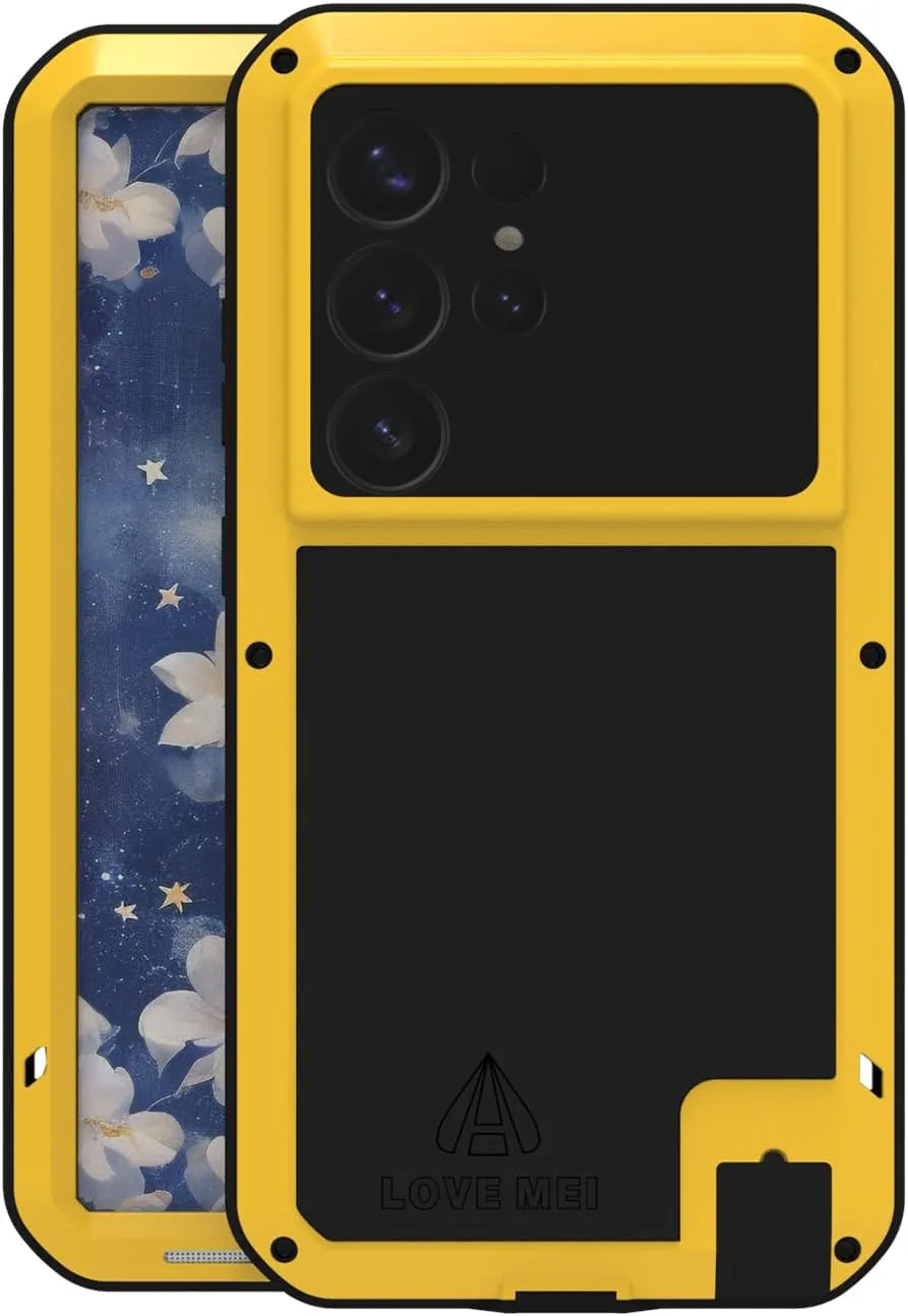 LOVE MEI Military Rugged Case for Samsung Galaxy S25 Ultra, with Tempered Glass Screen Protector, Shockproof Dustproof Scratch Proof Hybrid Metal and Silicone Gel Heavy Duty Full Body Cover Yellow