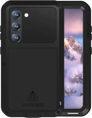 LOVE MEI Samsung Galaxy S23 5G Phone Case with Tempered Glass Screen Protector, Shockproof Scratch Proof Hybrid Metal and Silicone Gel Heavy Duty Tank Case for Samsung Galaxy S23 Black