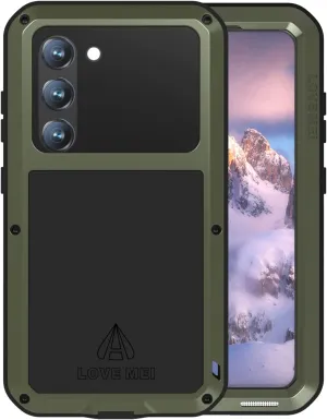 LOVE MEI Samsung Galaxy S23 5G Phone Case with Tempered Glass Screen Protector, Shockproof Scratch Proof Hybrid Metal and Silicone Gel Heavy Duty Tank Case for Samsung Galaxy S23 Green