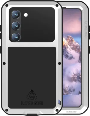 LOVE MEI Samsung Galaxy S23 5G Phone Case with Tempered Glass Screen Protector, Shockproof Scratch Proof Hybrid Metal and Silicone Gel Heavy Duty Tank Case for Samsung Galaxy S23 Silver