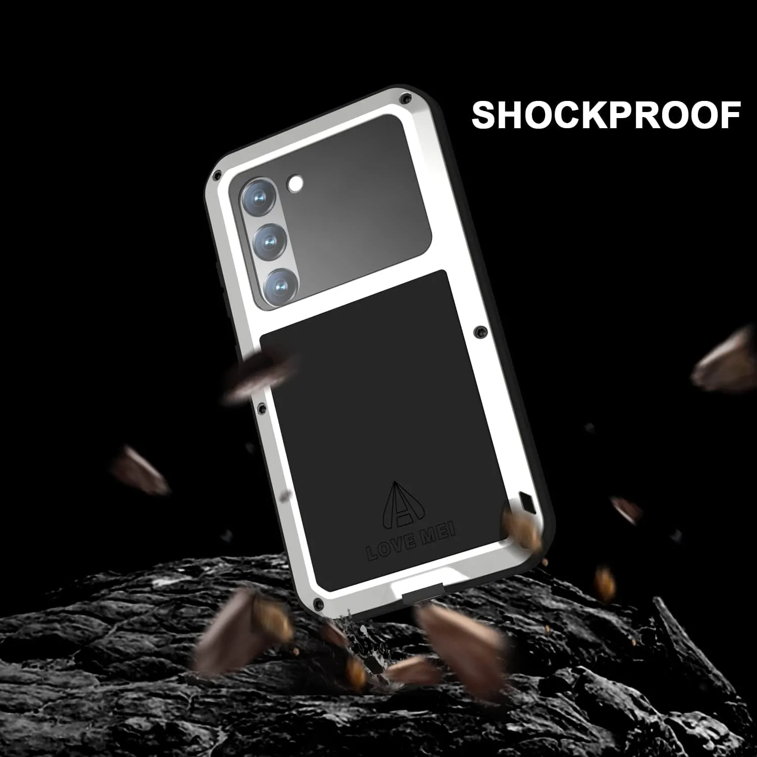 LOVE MEI Samsung Galaxy S23 5G Phone Case with Tempered Glass Screen Protector, Shockproof Scratch Proof Hybrid Metal and Silicone Gel Heavy Duty Tank Case for Samsung Galaxy S23 Silver