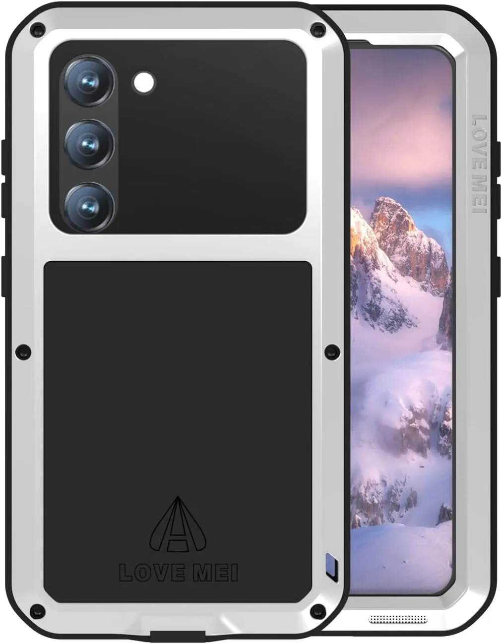 LOVE MEI Samsung Galaxy S23 5G Phone Case with Tempered Glass Screen Protector, Shockproof Scratch Proof Hybrid Metal and Silicone Gel Heavy Duty Tank Case for Samsung Galaxy S23 Silver