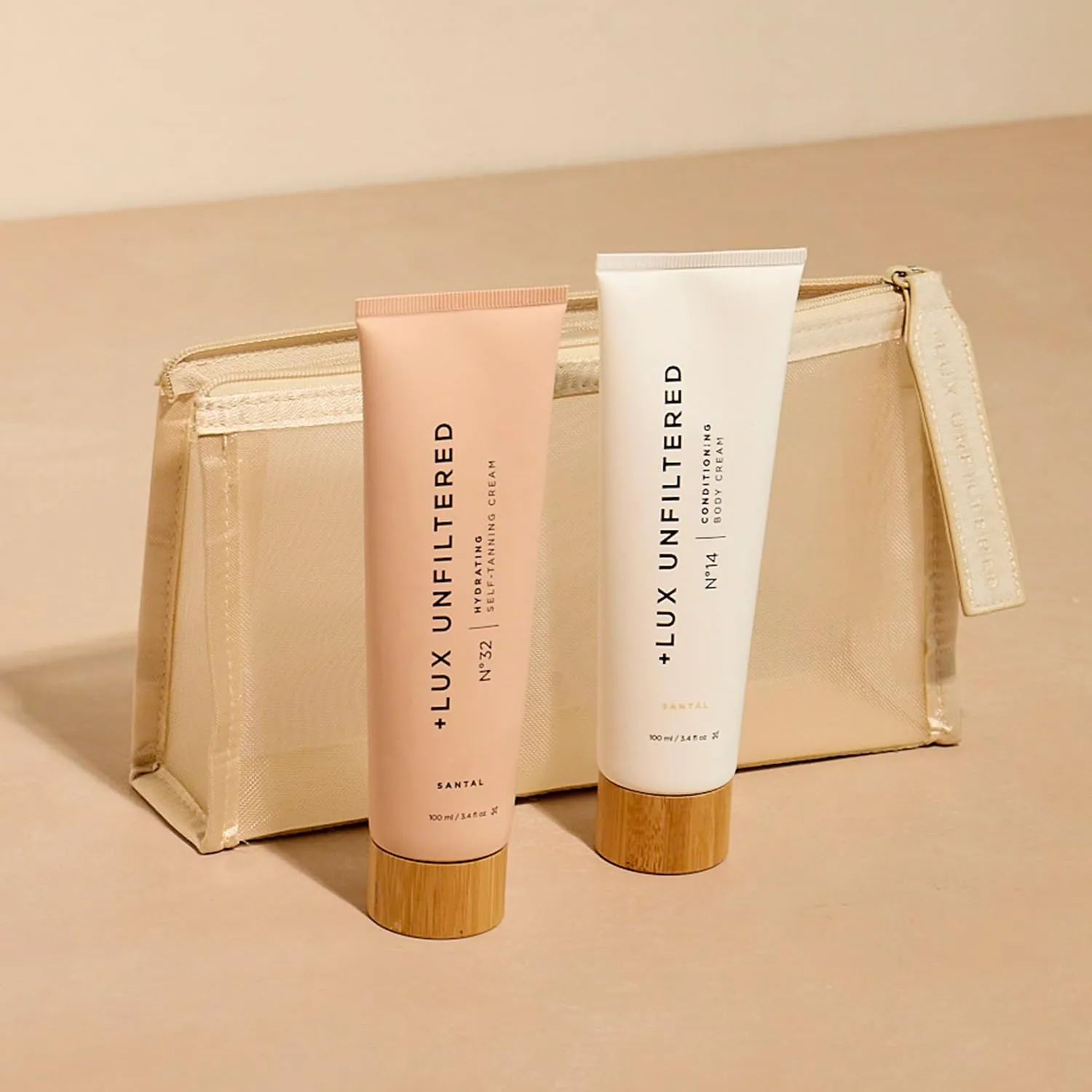   Lux Unfiltered First Class Glow Travel Kit, Includes N°32 Hydrating Self Tanning Cream in Santal, N°14 Conditioning Body Cream in Santal and a Water Resistant Cosmetic Pouch, Easy Storage