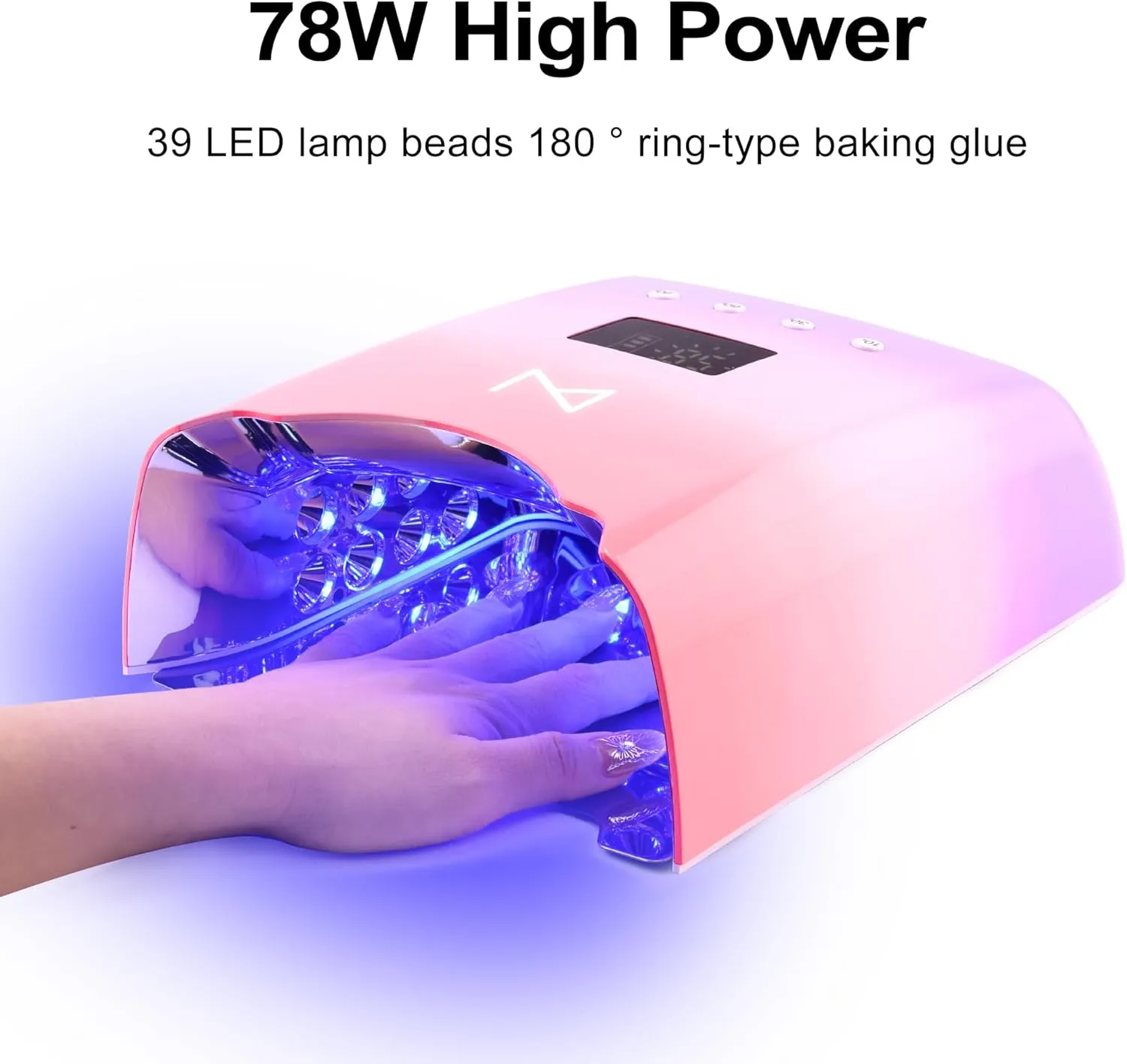 M - NEO Cordless & Rechargeable Nail Curing Lamp 78W with 4 LCD Time Display Timer, Auto Sensor, and Spacious Interior for All Hand Sizes and Nail Lengths (Pink)