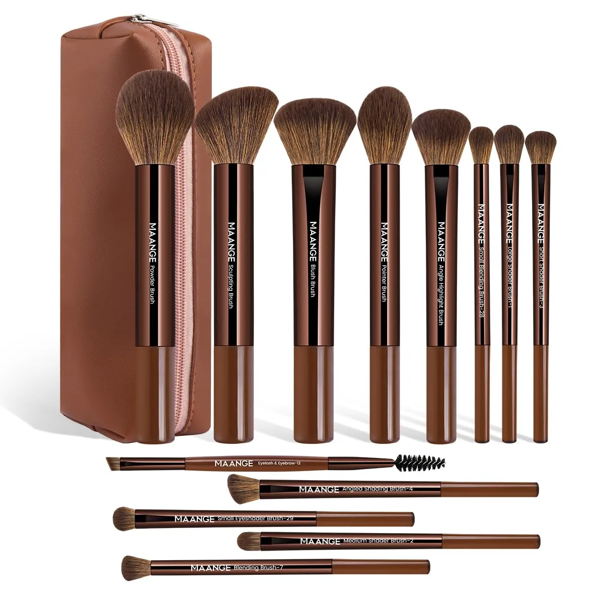 MAANGE 13 PCS Makeup Brushes Professional Make Up Brushes Premium Synthetic Powder Concealers Brushes Travel Makeup Brush Set with Case (Brown)