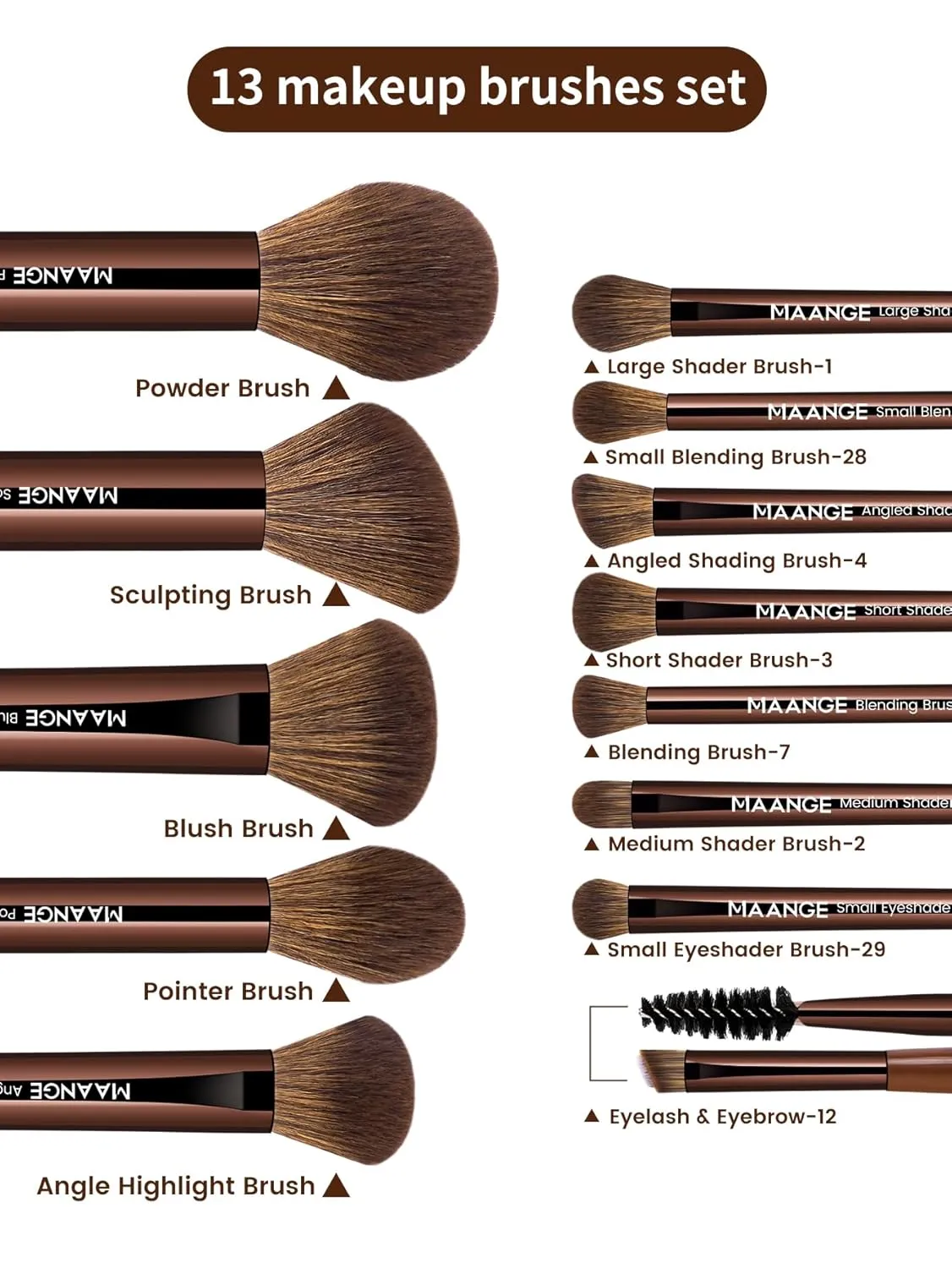 MAANGE 13 PCS Makeup Brushes Professional Make Up Brushes Premium Synthetic Powder Concealers Brushes Travel Makeup Brush Set with Case (Brown)