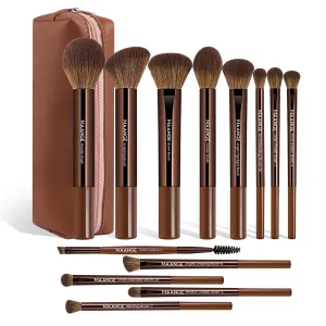 MAANGE 13 PCS Makeup Brushes Professional Make Up Brushes Premium Synthetic Powder Concealers Brushes Travel Makeup Brush Set with Case (Brown)