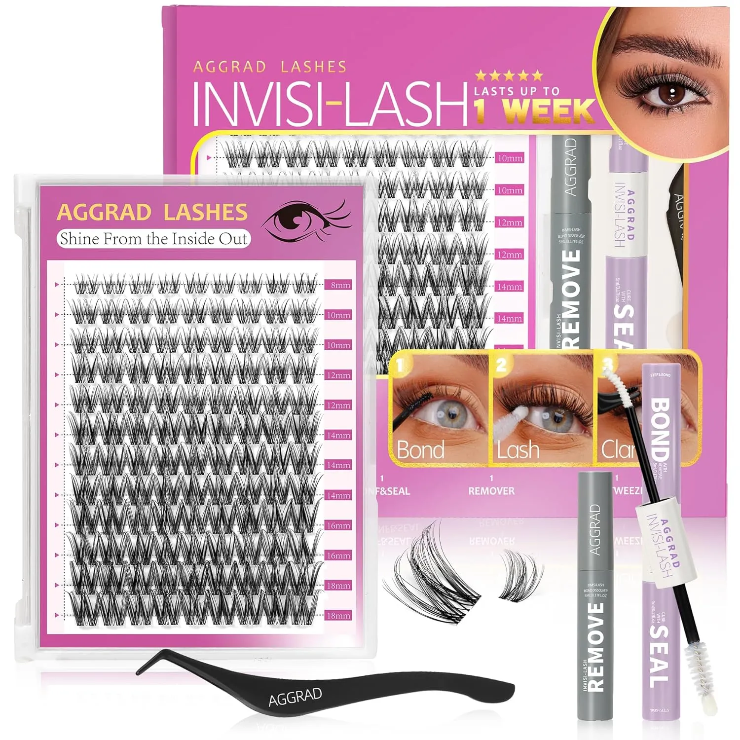 Magic Lash Clusters Kit 8-18mm Volume Wispy Fluffy Eyelashes Cluster Extension Kit D Curl Individual DIY Fake Lashes Extension Kit with Lash Bond and Seal Waterproof False Eyelashes Clusters Kit