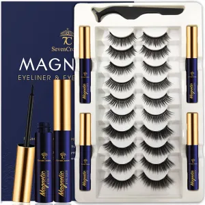 Magnetic Eyelashes with Eyeliner Kit - 7C SevenCrown Magnetic Lashes Natural Looking with Upgraded 4 Tubes of Magnetic Liner Waterproof, Long Lasting,10 Pairs Reusable Magnetic Eyelash Kit Easy to Apply.