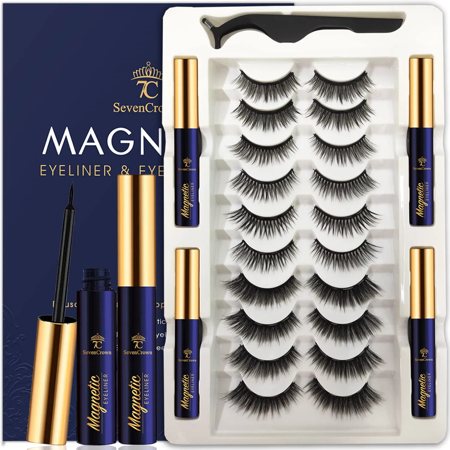 Magnetic Eyelashes with Eyeliner Kit - 7C SevenCrown Magnetic Lashes Natural Looking with Upgraded 4 Tubes of Magnetic Liner Waterproof, Long Lasting,10 Pairs Reusable Magnetic Eyelash Kit Easy to Apply.