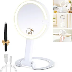 Magnifying Mirror with Light 30X/1X, Lighted Makeup Mirror with Magnification, Make Up Mirrors Stand Up Double Sided, Magnified Travel Mirror with Lights, Rechargeable 3 Color Dimmable