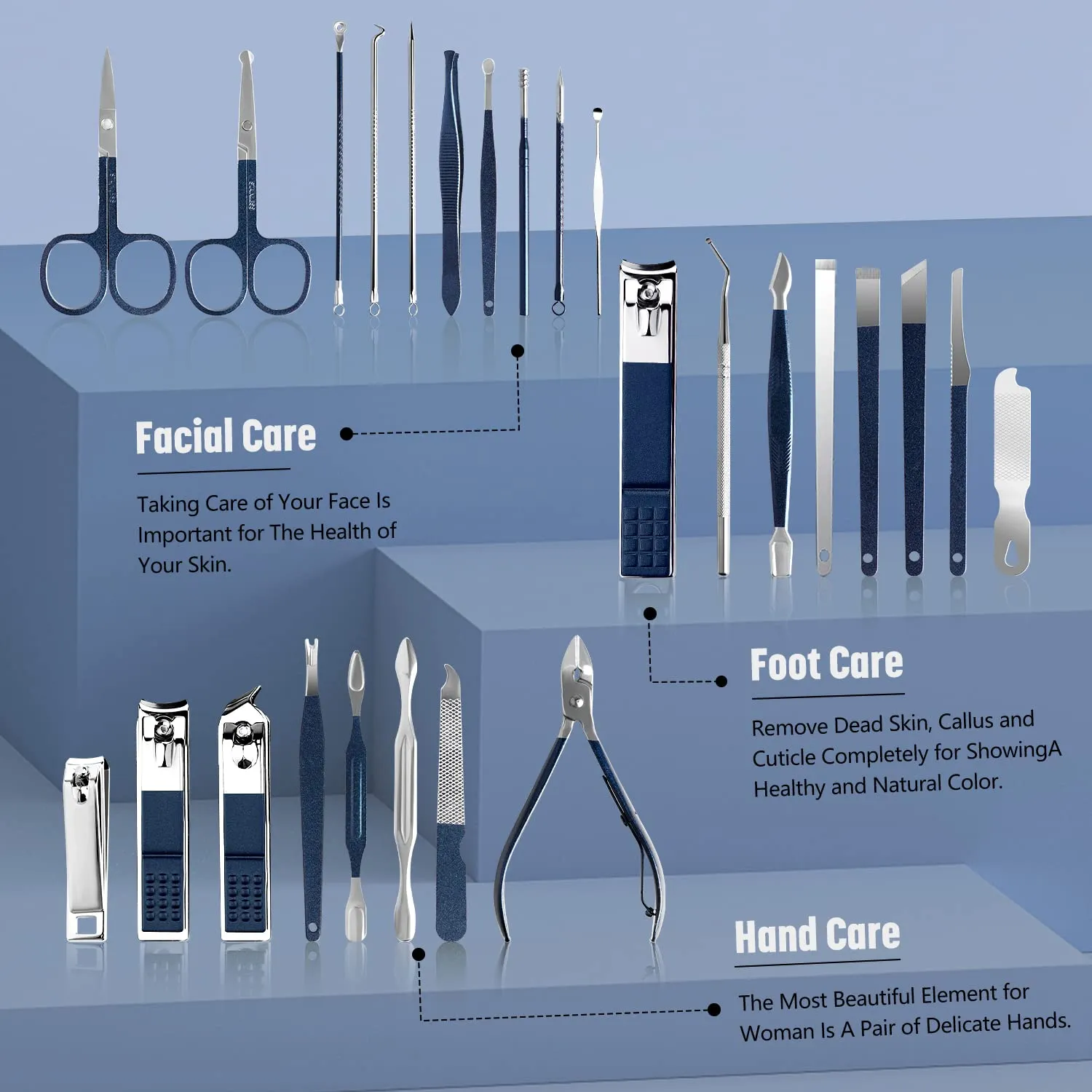 Manicure Set Men Women Nail Grooming Kit, Professional Manicure Kit Pedicure Kit 26 In 1 Nail Clipper Set Nail Care Tools Kit With Travel Case- Blue