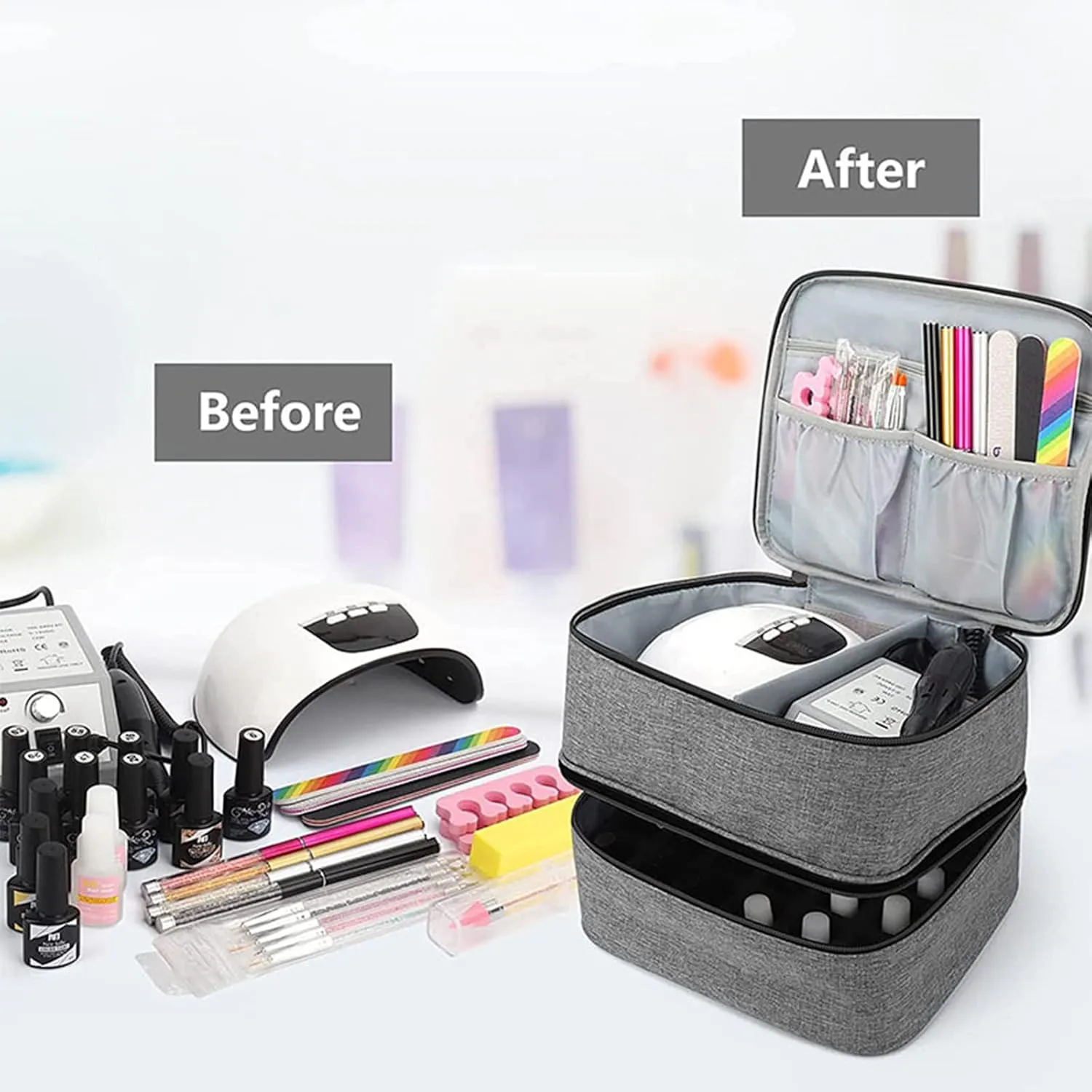 Manicure Tools Organiser Case, Detachable 2 Layers Nail Polish Nail Varnish Case Nail Varnish Storage Bag Nail Varnish Travel Carrying Case for Nail Polish Tools Kit (Empty Case) (Grey)