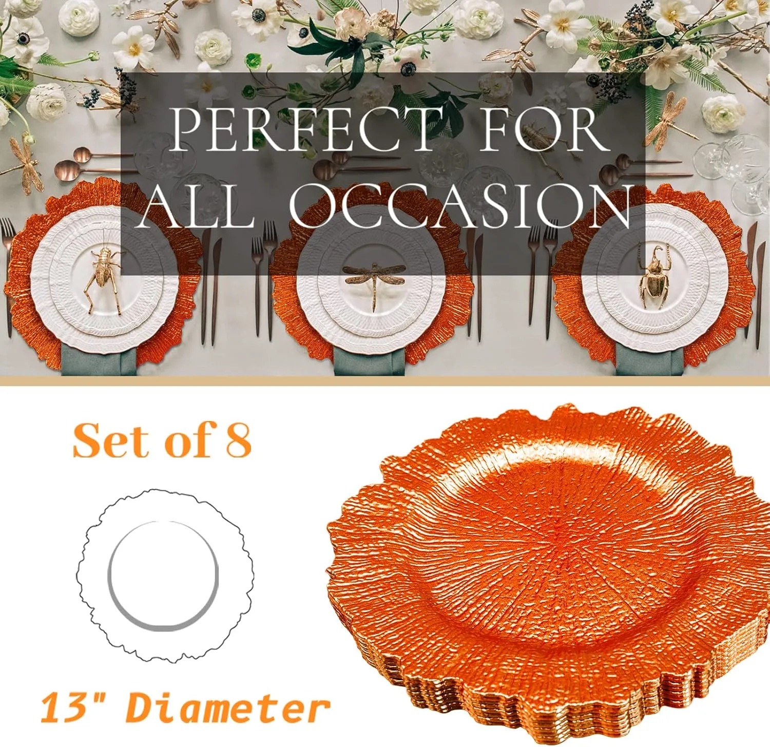 MAONAME 13" Orange Charger Plates, Round Reef Chargers for Dinner Plates, Plastic Plate Chargers for Table Setting, Wedding Decor, Set of 8
