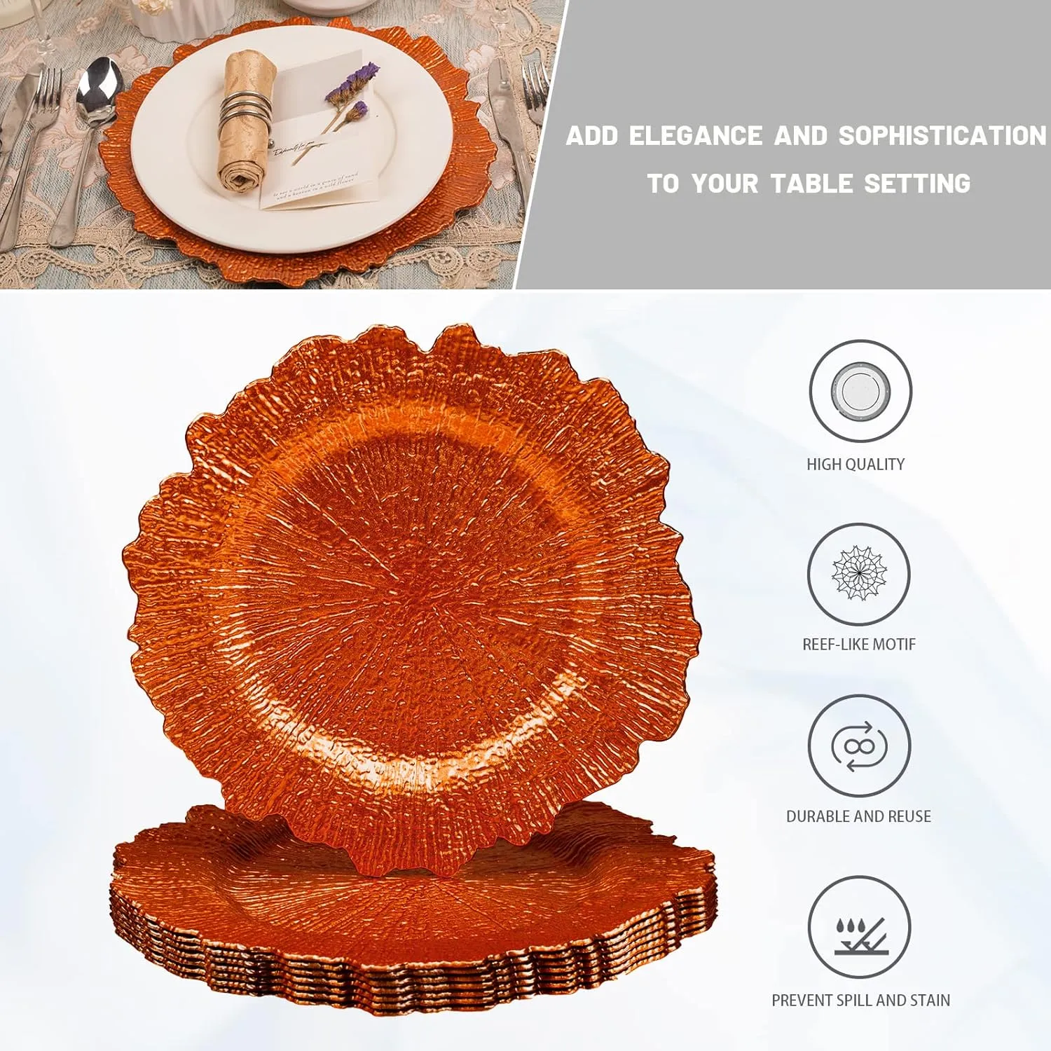 MAONAME 13" Orange Charger Plates, Round Reef Chargers for Dinner Plates, Plastic Plate Chargers for Table Setting, Wedding Decor, Set of 8