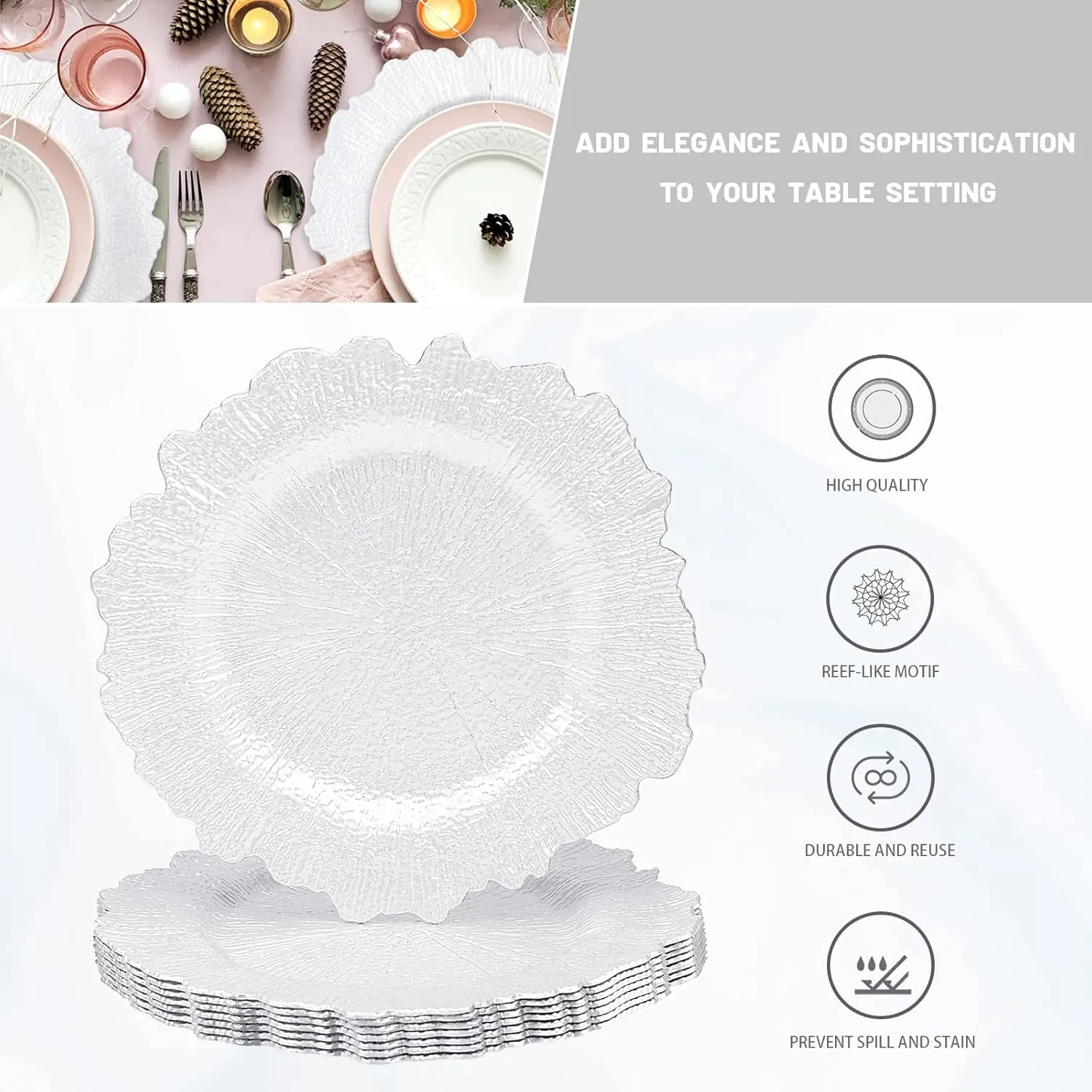 MAONAME 13" White Charger Plates Set of 8, Round Reef Chargers for Dinner Plates, Plastic Plate Chargers for Table Setting, Wedding Decor