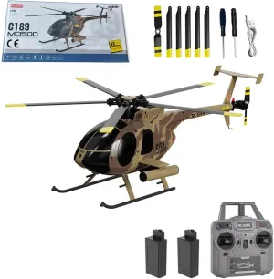 MD500 C189 Remote Control Helicopter for Adults, 1/28 Scale 2.4G 4CH Little Bird Single-Rotor with 6-Axis Gyro and Brushless Motor, RC RTF Altitude Hover Aircraft, 2 Batteries